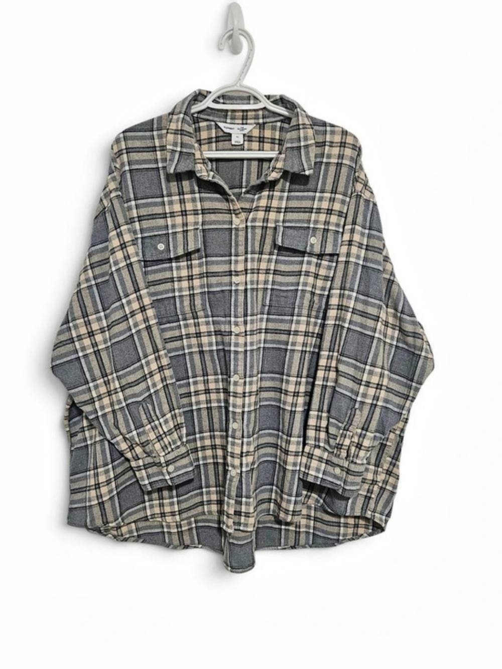 Old Navy 3X Plus Size Boyfriend Plaid Shirt Gray Beige Black Button Up Flannel